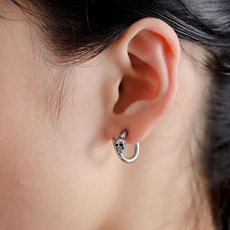 1 Pair Street Pop Punk Small Hoop Earrings For Man Woman Animal Skull Stainless Steel Gothic Hip Hop Pierced Ear Jewelry view 5