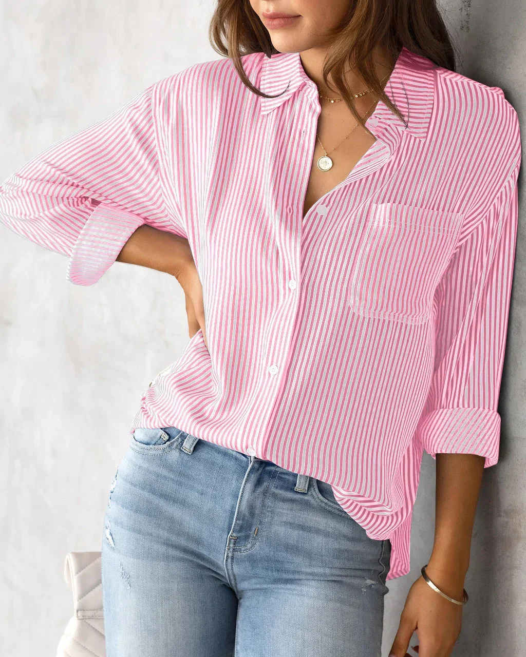 

Loose Striped Women's Top, Elegant Long Sleeved Lapel Top, Oversized Cotton Casual Top, Novelty Of 2025 Shirts & Blouses Blusas