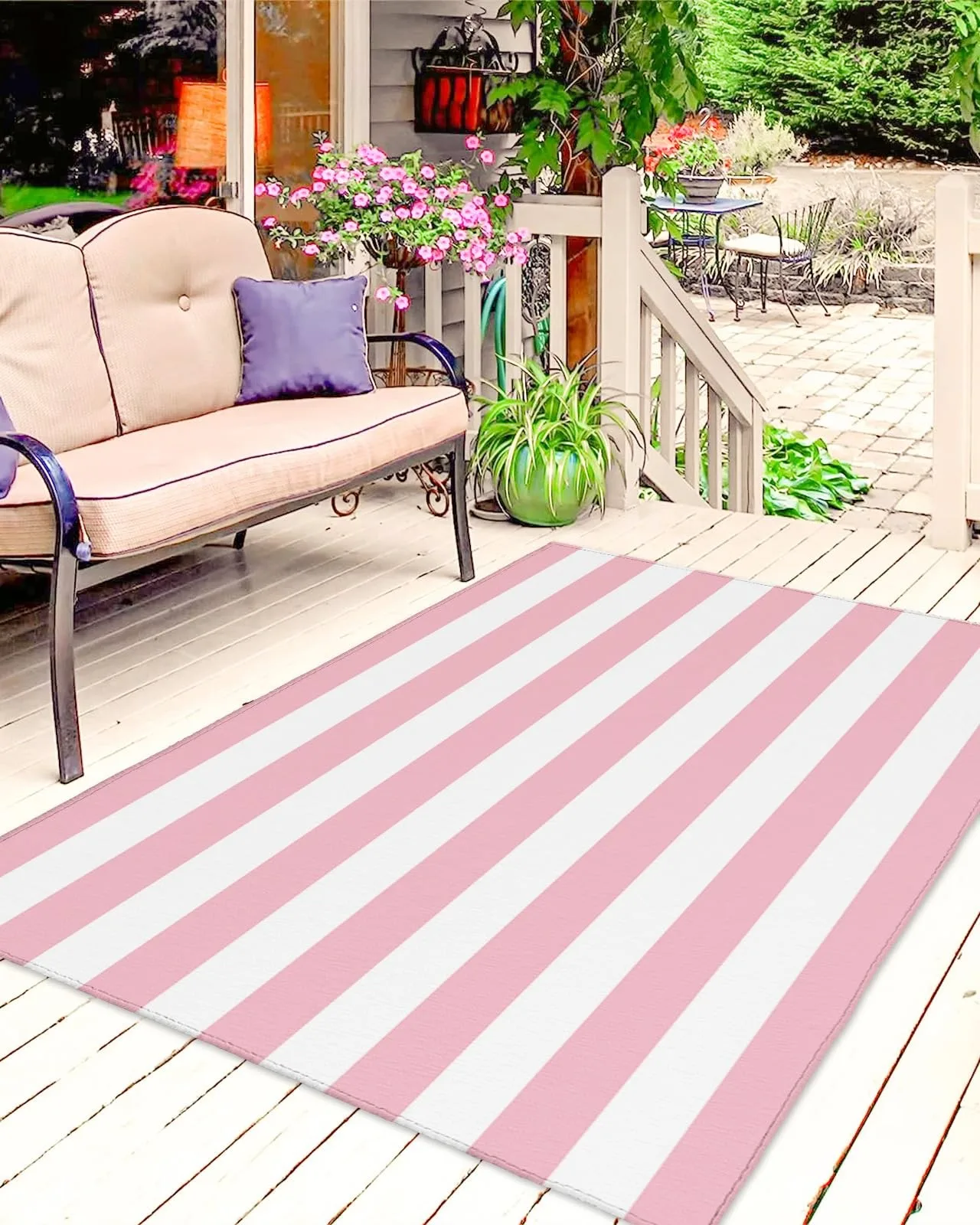 Outdoor Rug, Large Floor Mat Pink and White Stripes Non Slip Area Rug Rubber Backing Quick Dry Clearance Carpet for