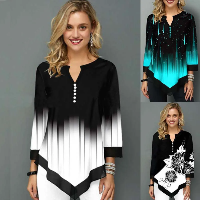 

2026 Women's Spring and Autumn New Fashion Print Trendy High Quality Half Open Collar Irregular Hem Loose T-shirt for Women