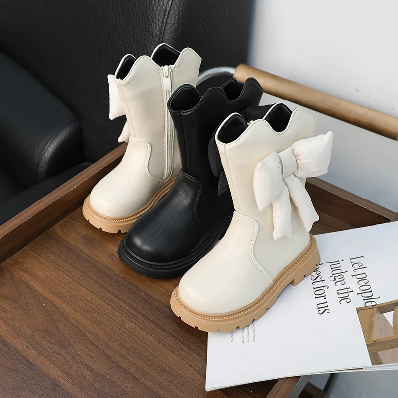 

Зимние детские ботинки, модные плюшевые сапоги принцессы для девочек с милым боковым бантом, повседневные универсальные детские школьные сапоги до середины икры для подиума