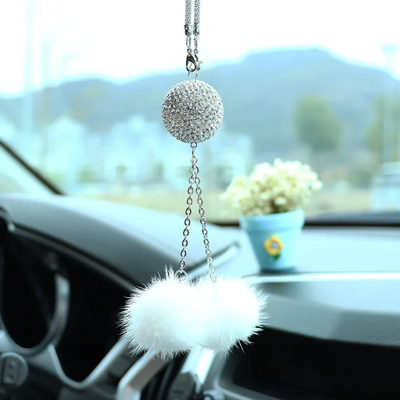 Car Crystal Diamond Fringed Mink Hair Ball Rearview Mirror Pendant Decroative Pendant Car Accessories Interior Creative Decor