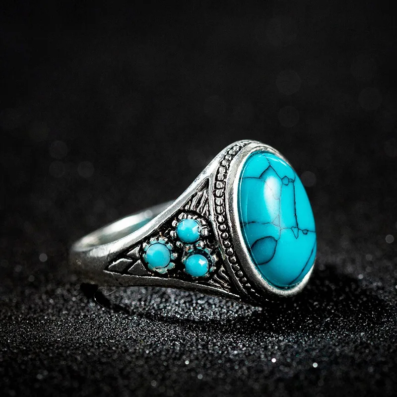 Vintage Fashion Turquoise Men\'s Ring Ancient Silver Natural Stone Rings for Men Birthday Party Indian Jewelry Gift Anillo Hombre