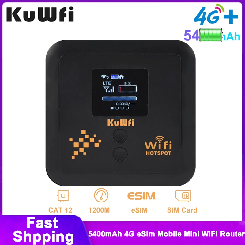 KuWFi 4G Mobile Wifi Router Dual Band Wireless Mini Cat 12 eSim Router AX1200Mbps Transmission Rate 5400mAh Support 32 User