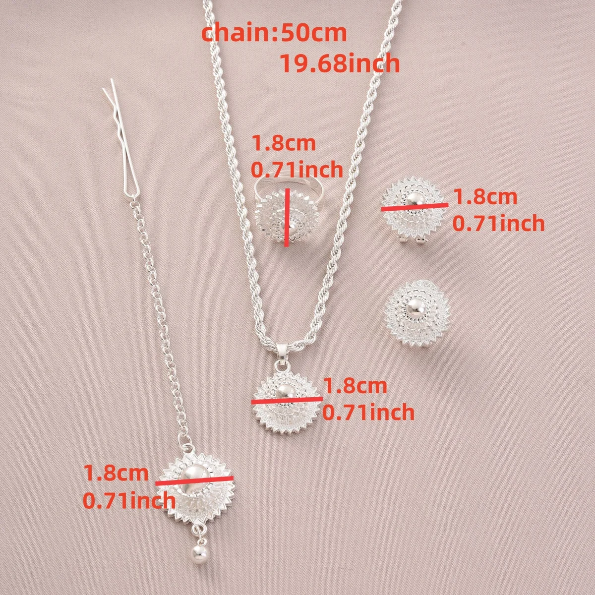 Ethiopian Jewelry Sets Silver Color Round Pendant Earrings Ring Head Chain Sets African Eritrean Wedding Ethnic Gifts #167