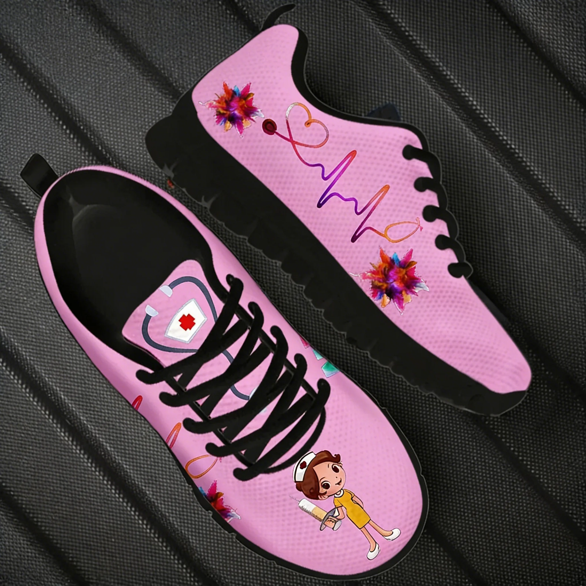 

New Cartoon Nurse Shoes For Women Medical Heart Beat Brand Design Breathable Sneakers Flats Shoes Zapatos Mujer