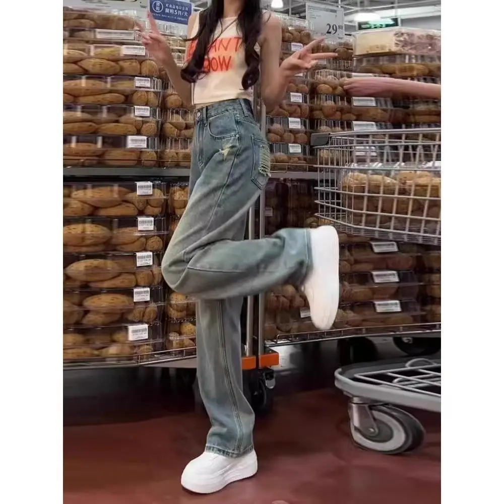 

Джинсы с высокой талией, свободного кроя, в американском ретро-стиле, с дырками, широкие штанины, повседневные, синие, из смесового хлопка и полиэстера, удобные, дышащие