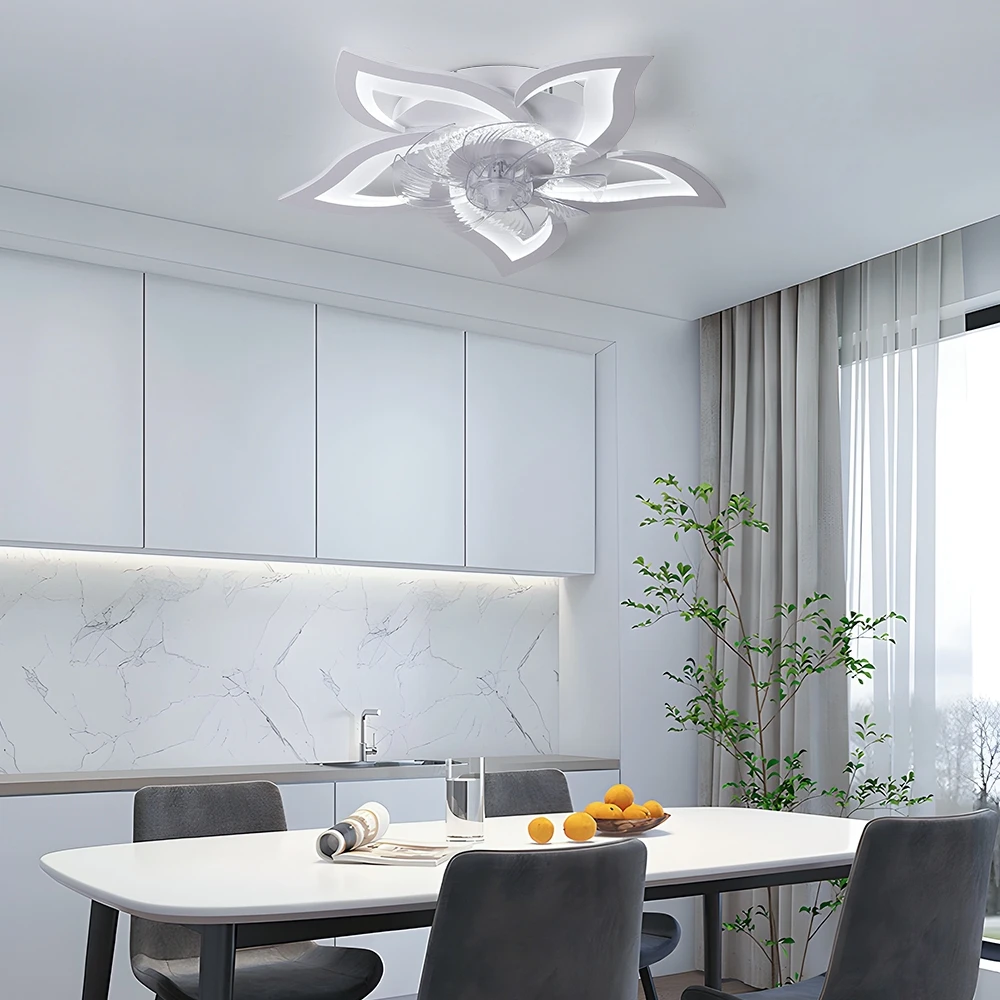 Flush Mount Flower Shape LED Ceiling Fan Light Dimmable Modern Silent 6 Speed Fan Lamp with Remote Control Bedroom Living Room