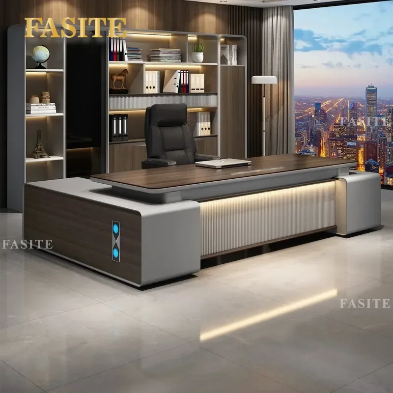 For High-end Boss Desk with LED Light Strip and Password Lock File Cabinet Big Class President Office Furniture Combination