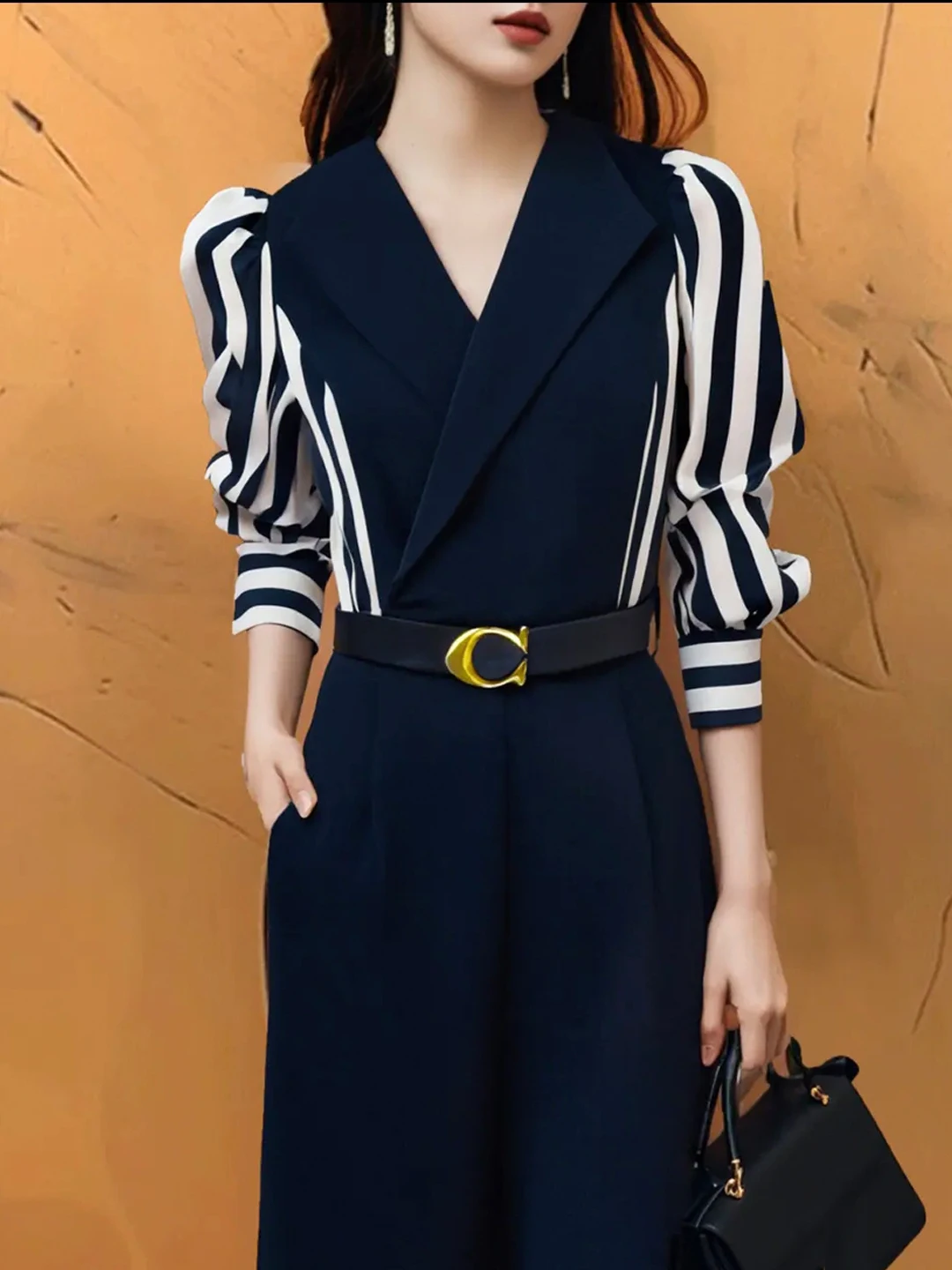 Ele Tuta a gamba larga a vita alta da donna Faion Patchwork a righe Abito intero Autunno Nuovo arrivo Premium Feeling