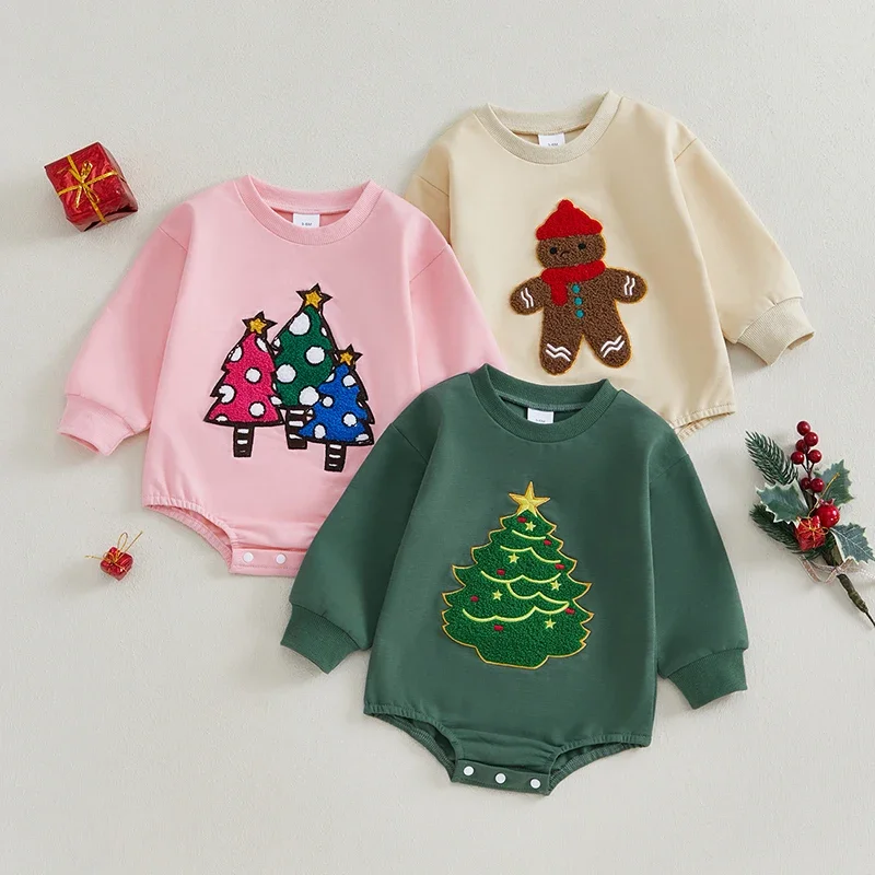 

Newborn Baby Girls Boys Christmas Sweatshirts Rompers Tree Embroidery Long Sleeve Toddler Bodysuits Fall Clothes Jumpsuit