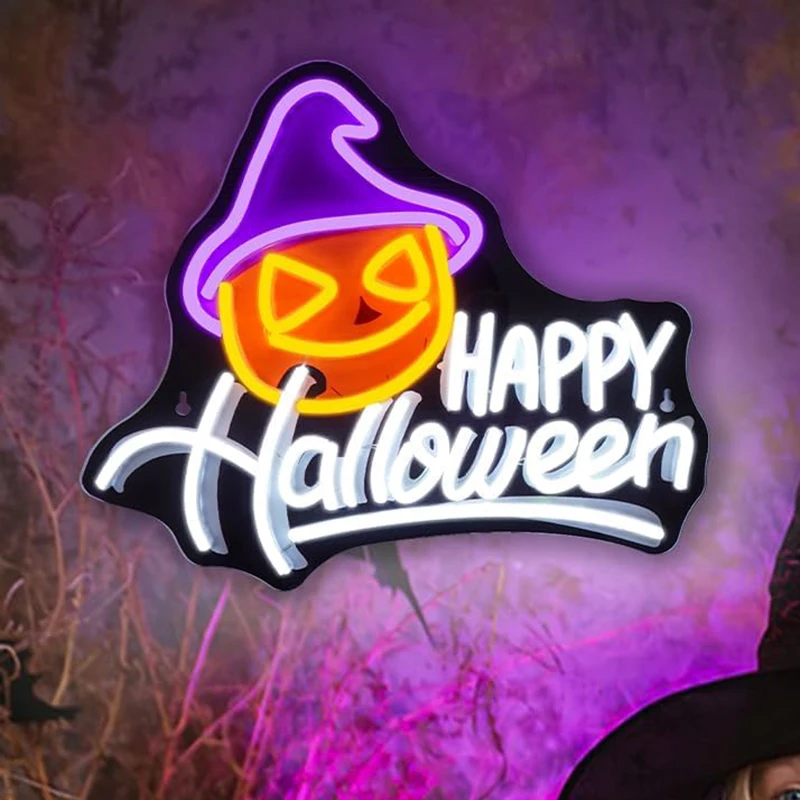 

Happy Halloween Neon Sign Cute Halloween UV Printed Ghost Lights with Remote Control Wall Decor for Bar Club Bedroom Party Shop
