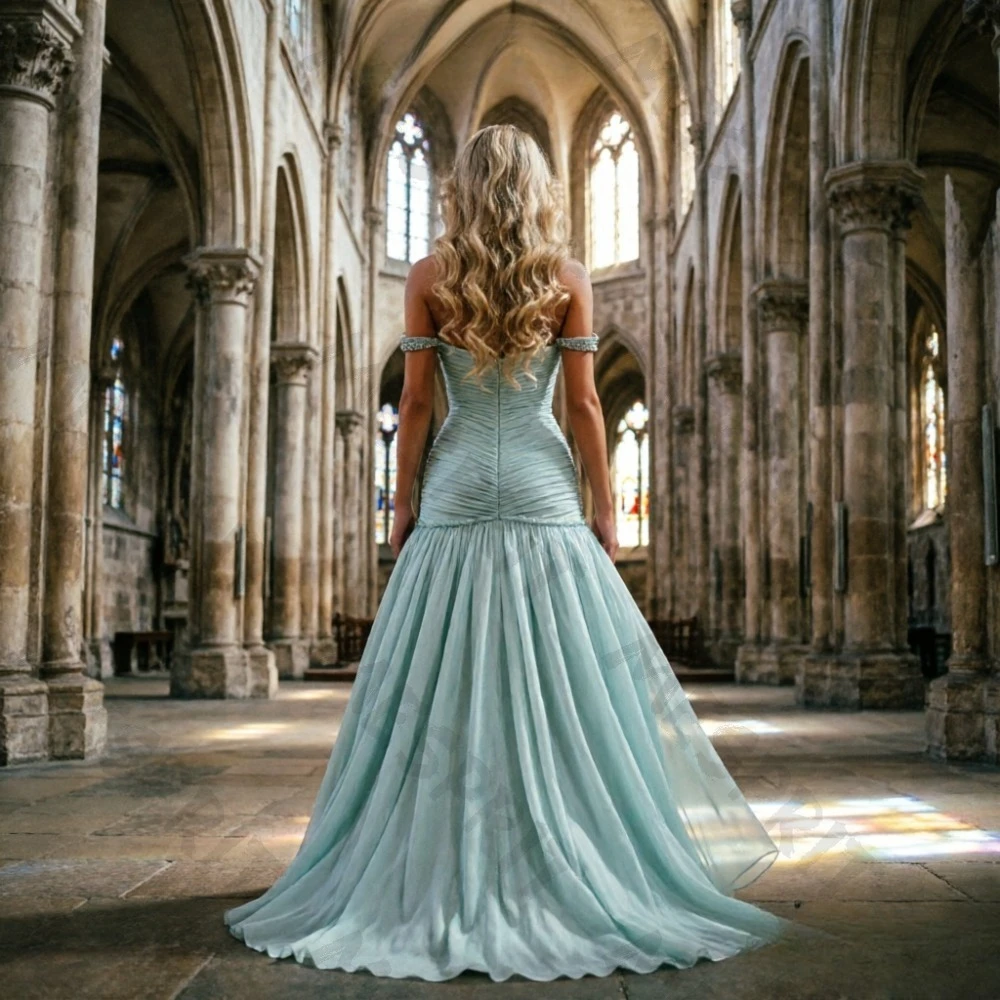 Customized  Blue Off Shoulder Fishtail Chiffon Evening Gowns with Delicate Decals Pleated and Floor Length Women's Dance Dresses