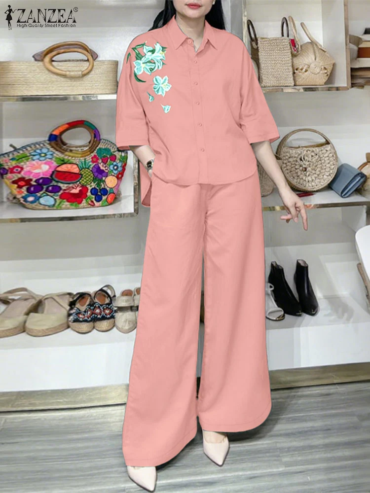 

2025 ZANZEA Summer Pant Sets Women Fashion Matching Sets Elegant Work Suit 3/4 Sleeve Floral Blouse Wide Leg Trouser 2PCS Outfit