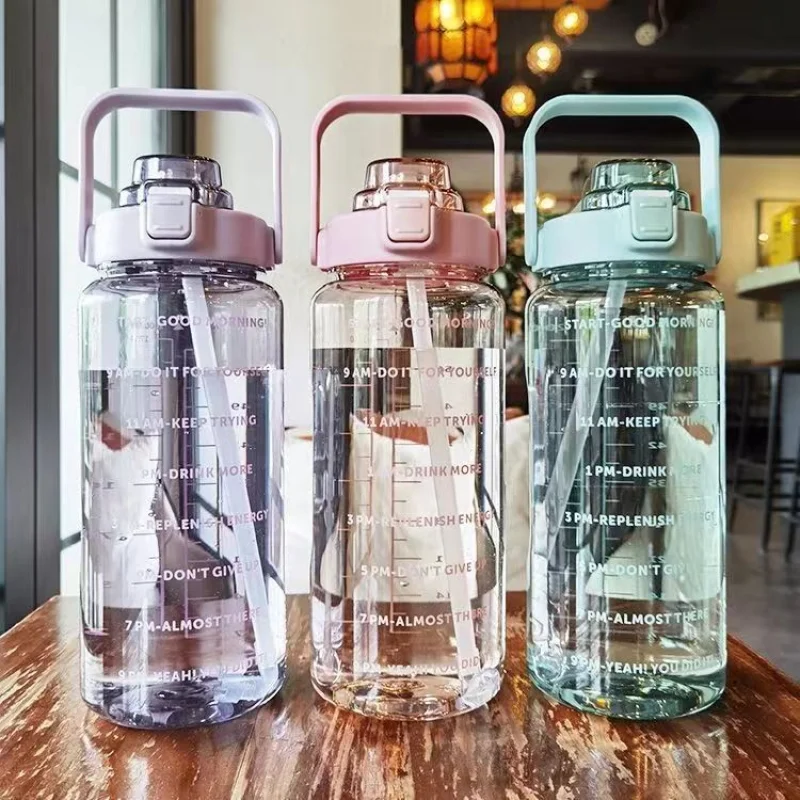 

2L Outdoor Camping Sport Water Bottle with Straw Portable Travel Bottles Fitness Bike Cup Summer Cold Water Jug with Time Marker