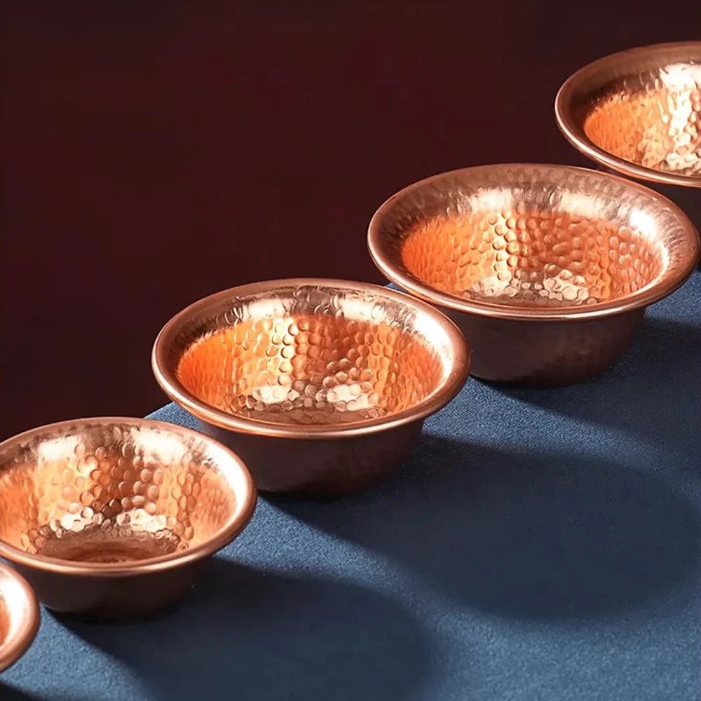 Tigela de oferta de água de cobre artesanal nepalês-ferramenta ritual de altar budista com textura martelada-copo de bandeja de servir de cristal