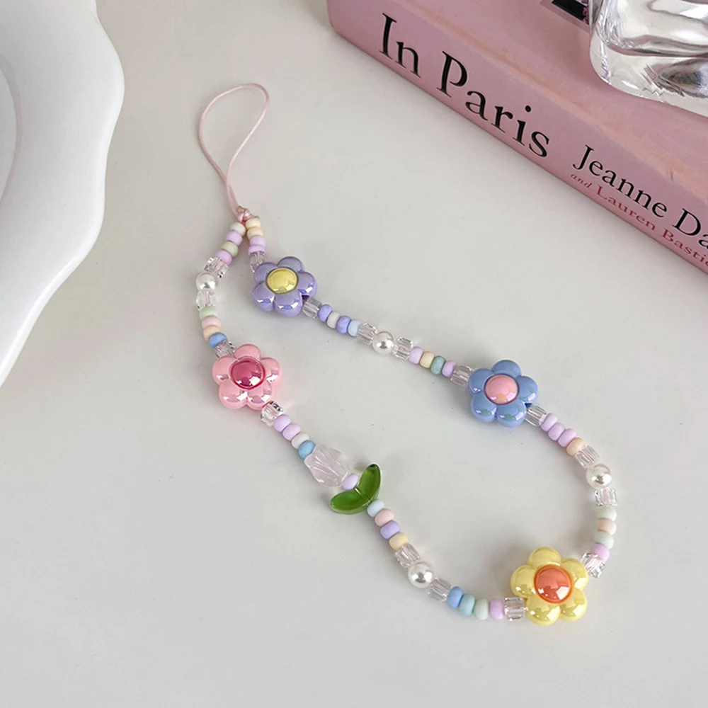 Sweet Lovely Tulip Flower Beaded Mobile Phone Charm Strap Women Fashion Phone Chain Anti Loss Lanyard Jewelry Telephone Pendant