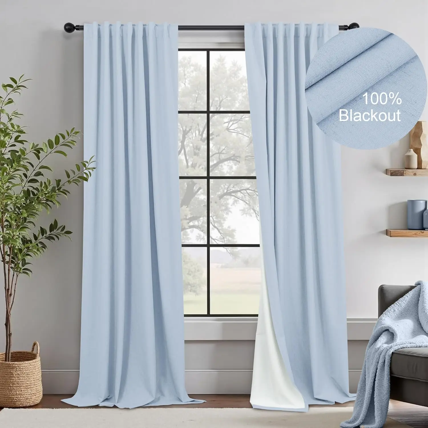 

108 Inch Curtains 2 Panel Set Light Blue Linen Floor to Ceiling Darkening Extra Long Living Room Curtains 108 Inches Lon