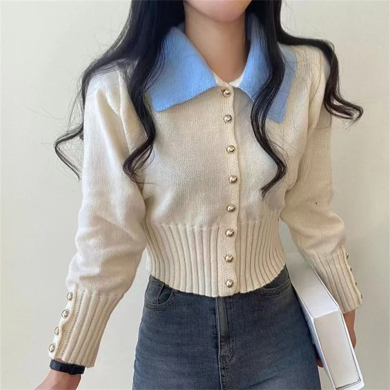 

POLO Neck Short Knit Cardigan Versatile and Slim Fitting Tunics Elegant Harajuku Korean Long Sleeve Women Streetwear Y2k Clothes