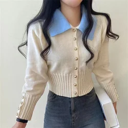 Cardigan corto in maglia con scollo a POLO tuniche versatili e aderenti elegante Harajuku coreano manica lunga donna Streetwear Y2k vestiti