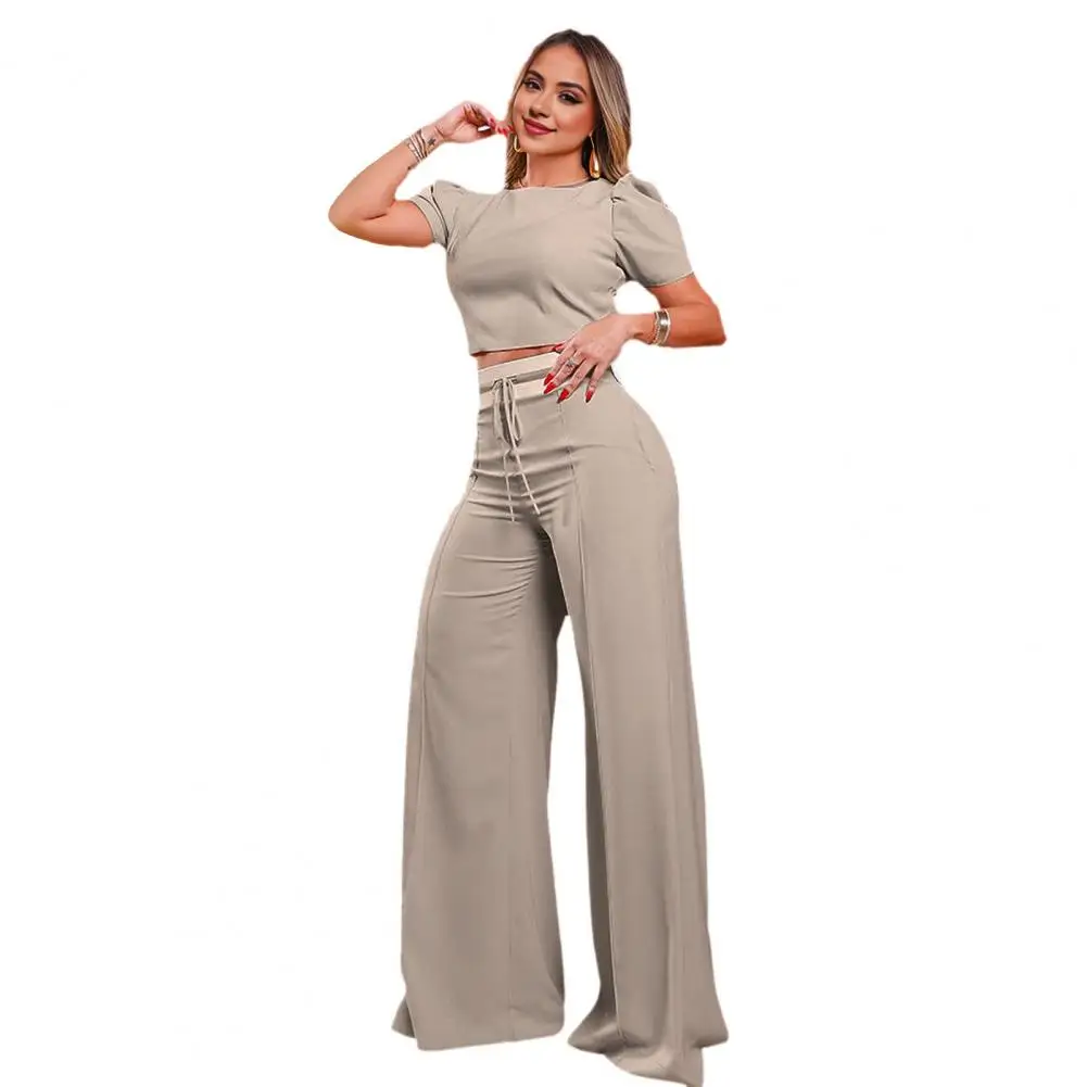 

Bdaily Clothes Stylish Bubble Sleeve Crop Top Wide Leg Pants Set for Women Chic Round Neck Outfit for Work or Wear Trendy High