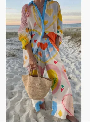 Conjunto informal de 2 piezas con estampado bohemio, camisa holgada de manga larga con solapa y botones, pantalones de pierna ancha de cintura alta, traje de primavera, nuevo estilo de vacaciones