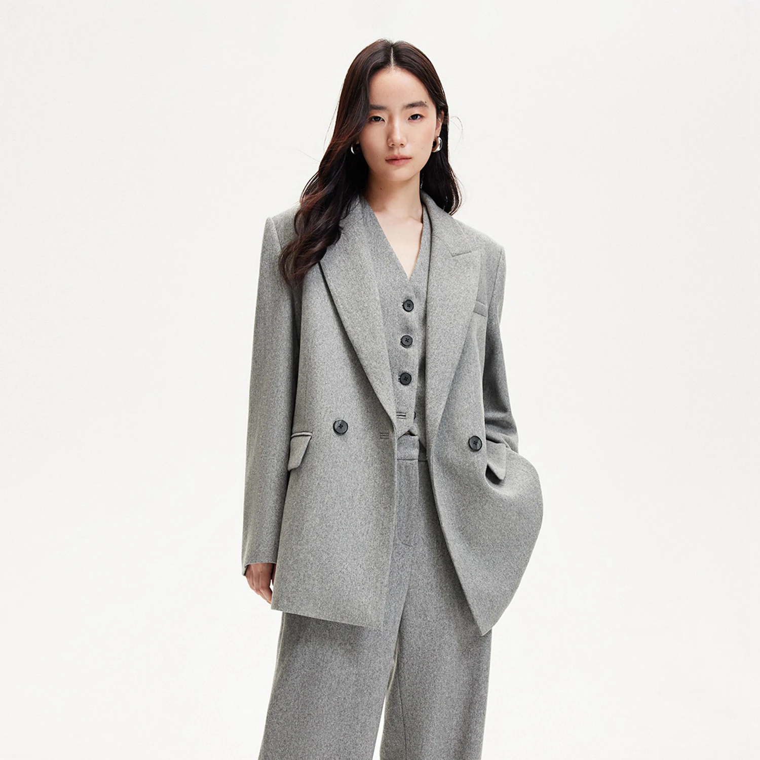 Allingentle رمادي الصوفية بدل رجالي المرأة 3 قطعة مجموعة أزياء PantSuit مجموعة الأعمال مكتب ملابس مخصصة