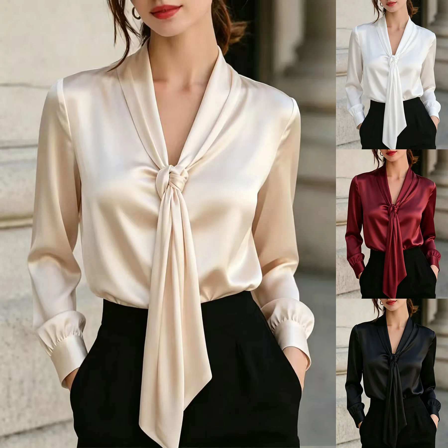 Women Satin Blouse Bow Tie V Neck Long Sleeve Shirt Elegant Office Work Wear Solid Color Chiffon Shirts For Women Formal B