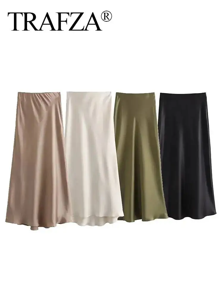 TRAFZA Spring New Fashion Woman Solid Skirt Vintage Satin Casual Slim Long Skirts Commute Wild Chic Elegant Female Mermaid Skirt