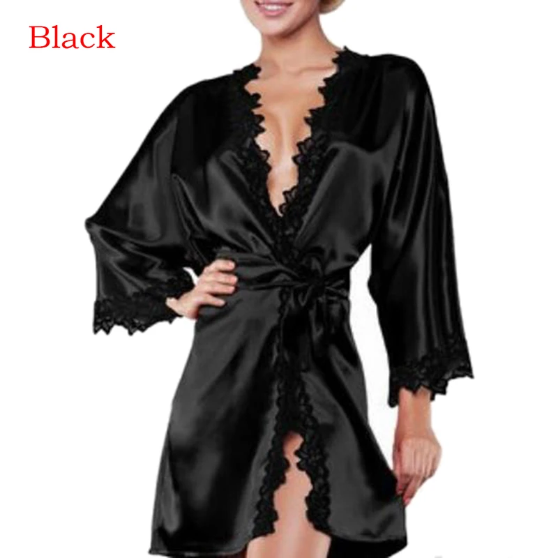 Sexy Nightgown Lingerie Lace Patchwork Nightdress Women Silk Kimono Lingerie Belt Bath Robe Nightwear Sleepwear Chemises