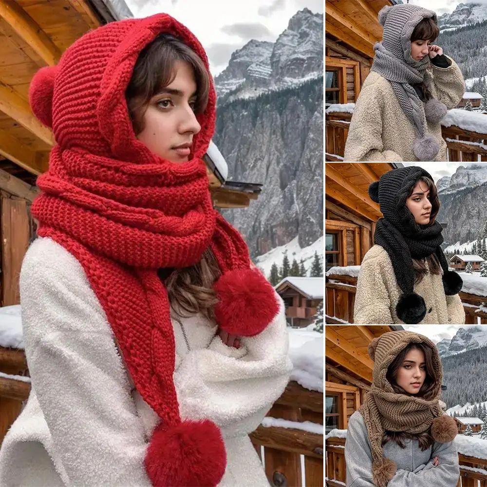 

1x Outdoor Cold-proof Scarf Hat Integrated Faux Fur Ball Ear Protection Thermal Wool Beanie Pom Pom Windproof Balaclava Cap