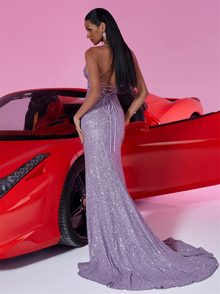 Luxury Deep V Neck Burgundy Sequin Evening Dress Guest Wedding Party Maxi Dress Mermaid Long Prom Cocktail Gowns