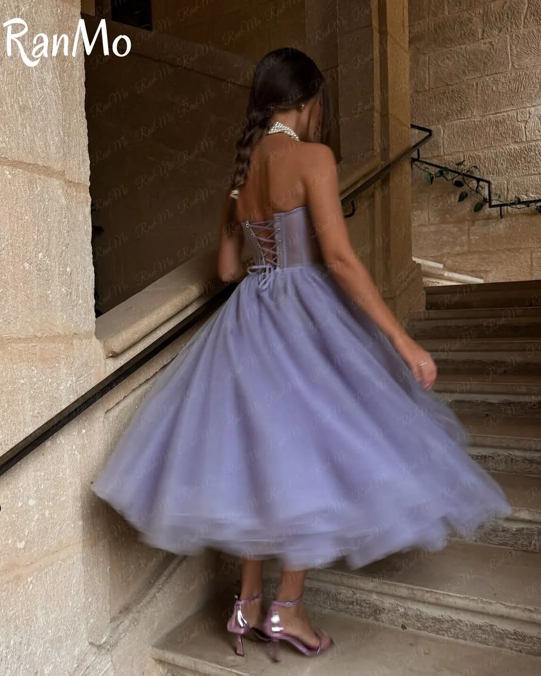 Ranmo Simple Purple A-Line Prom Dresses Strapless Ruched Pleats Party Gowns Tea-Length Soft Tulle Vestidos de noche Customized