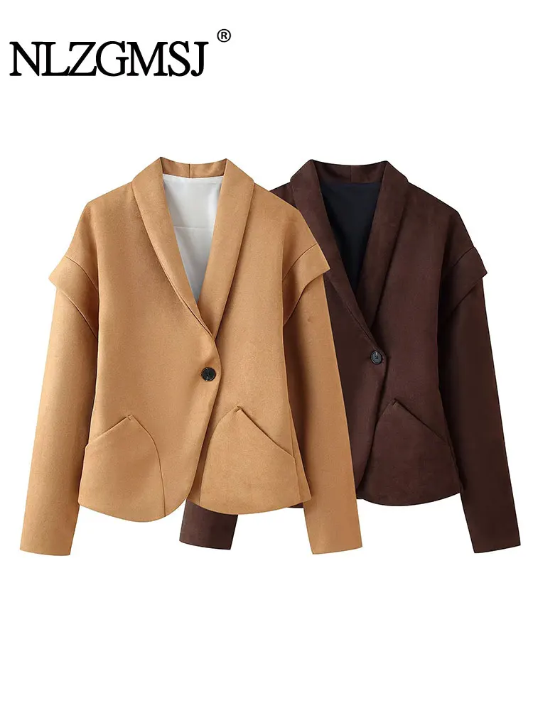 

NLZGMSJ Women Chic Lapel Short Jacket Women Long Sleeve Single Buckle Coat 2025 Autumn Casual Outwear New