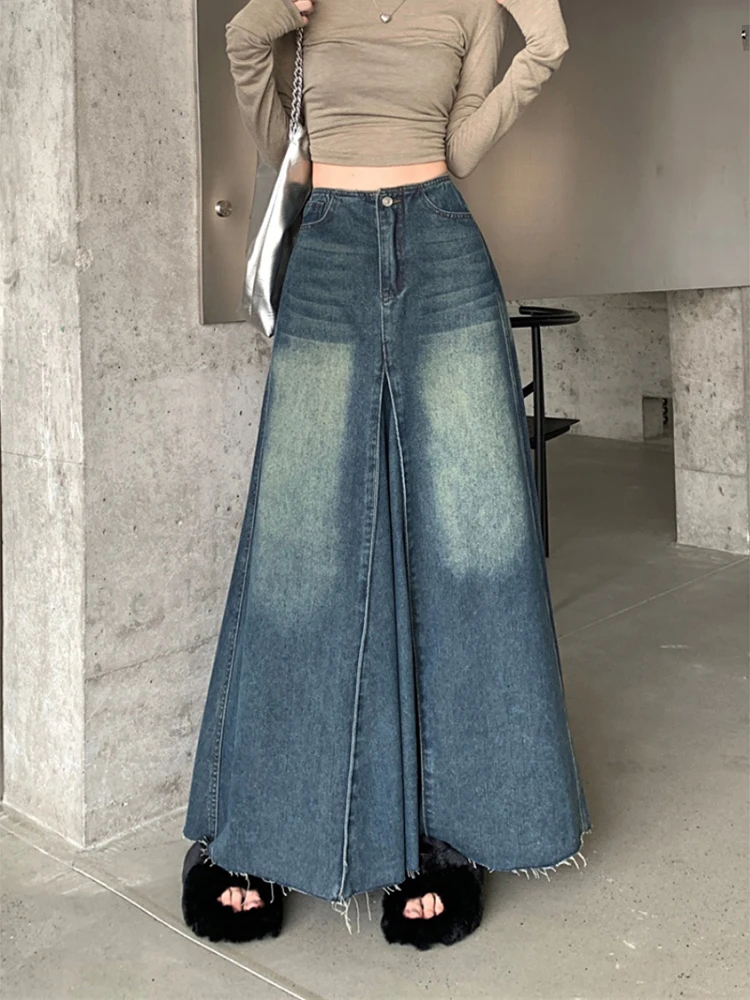 

2025 Spring Season New Arrival Patchwork Style Vintage Washing Denim Skirt Women's High-waisted Slimming A- line Long Dress