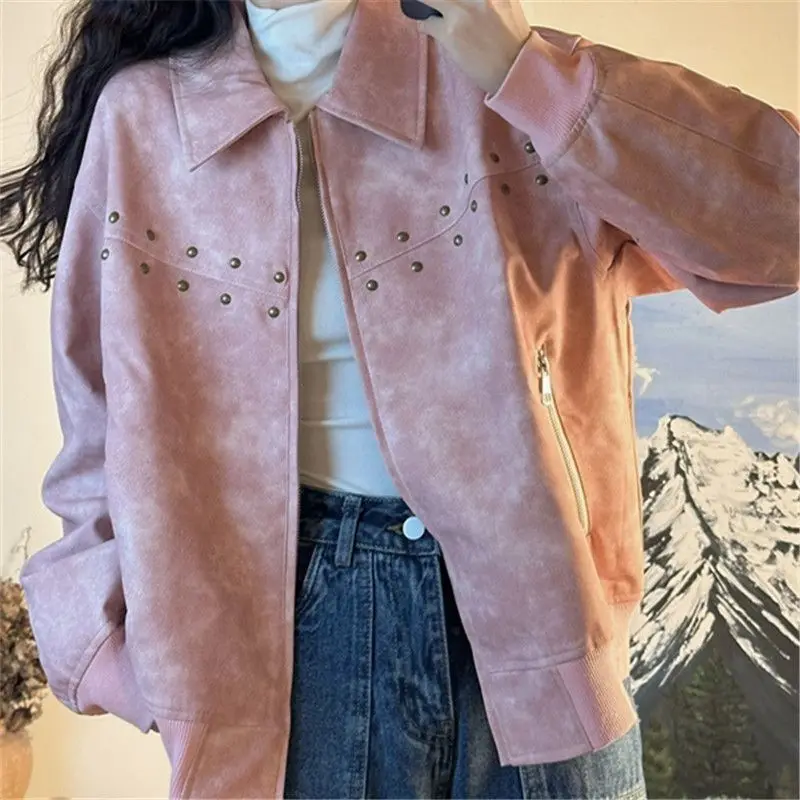 

Leather Jackets Cropped Biker Style Pink Trendy Vintage Sweet Cool Coats Niche Chic Casual Cardigan Fashionable Streetwear