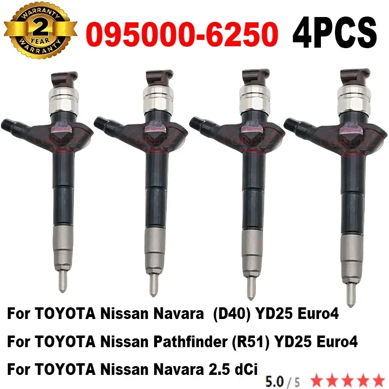 4PCS 095000-6250 Common Rail Injector 0950006250 095000 6250 For Nissan YD25 Navara D22 D40 & Pathfinder R50 2006 UP 2.5L