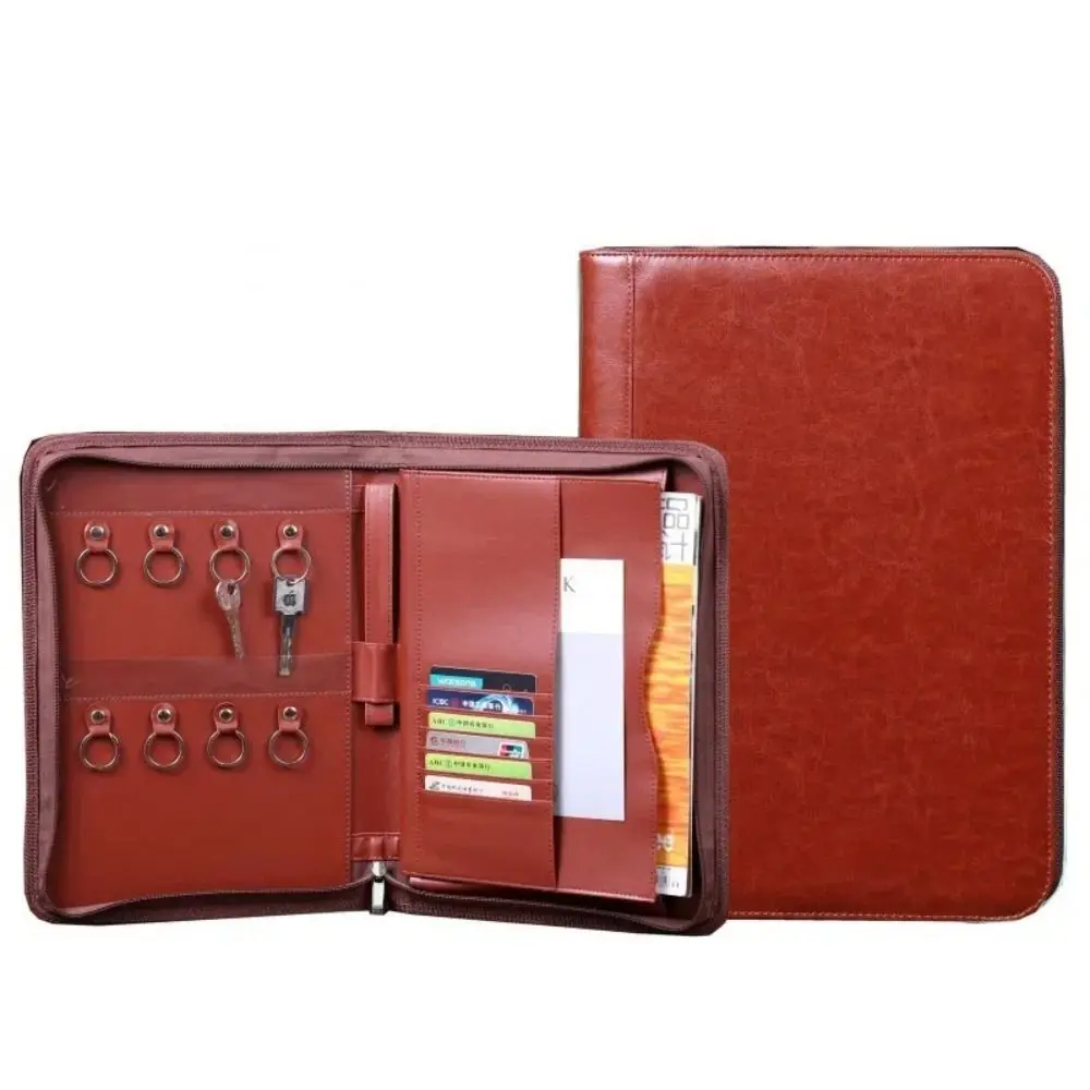 

PU Leather Business Key Storage Bag with Zipper Multifunctional Business Manager Clip Card Slots Pen Insert A4 Document Folder