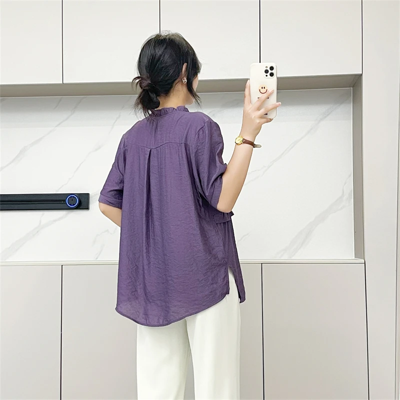 Or Sve – haut ample en soie pour femmes, ample, décontracté, taille haute, grande taille, détail de boutons, rond, couleur Pure, été