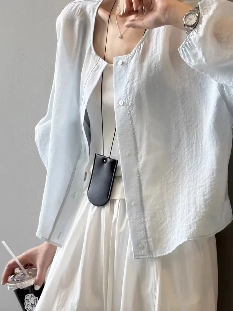 Blu Nuovo Cinese Sle Chic Estate delle Donne irt Sottile Tuta Sportiva Protezione Solare Luce Lungo Sve rotondo Ne Button up Casual Top