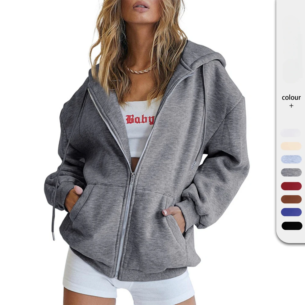 

Autumn Casual Drawstring Zipper Hoodie For Women Solid Color Loose Long Sleeved Chic Streetwear Hooded Sweatshirt Sudaderas