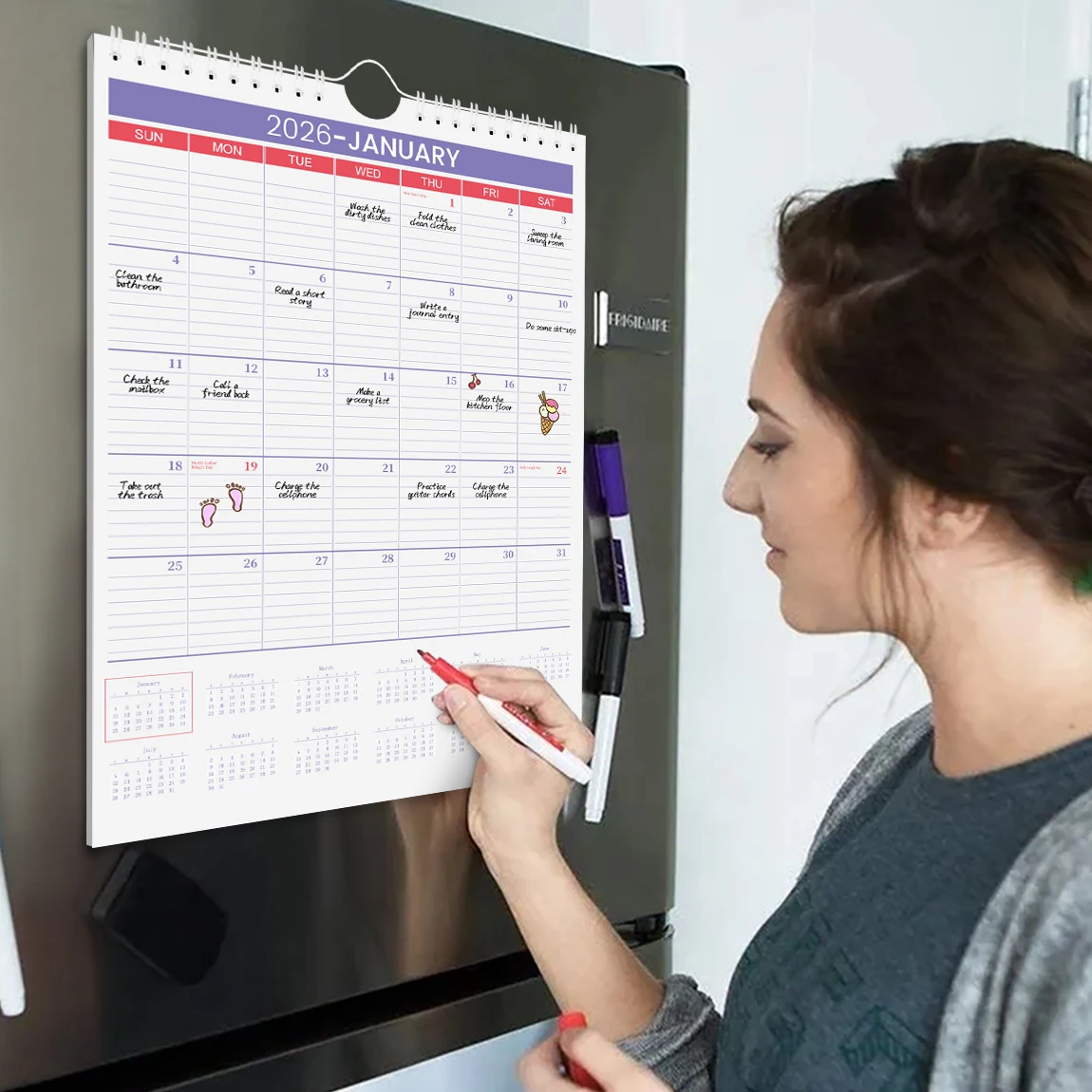 تقويم حائط A4 لعام 2026، يناير إلى ديسمبر، تخطيط شهري كبير، علامات العطلات، تصميم حلزوني سهل التعليق