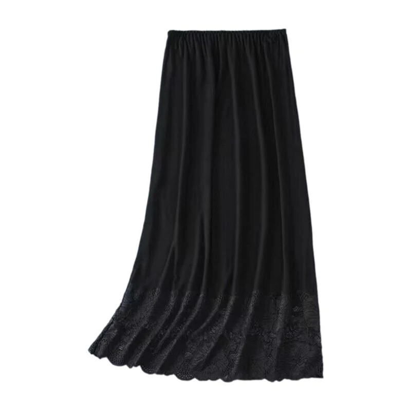 Women Lace Trim Half Slip Midi Long Underskirt Under Dress Slip Elastic Waist Long Petticoat Color Invisible Skirt