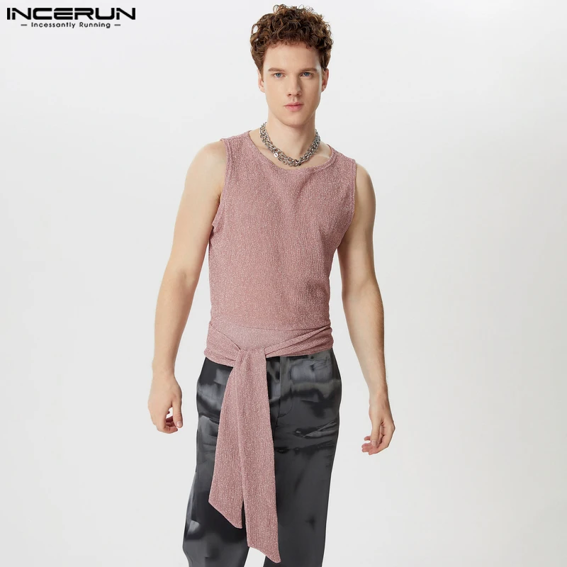 INCERUN Tops 2025 American Style Men's Sparkling Strap Design Vests Fashion Sexy Male Cropped Pleated Sleeveless Tank Tops S-5XL