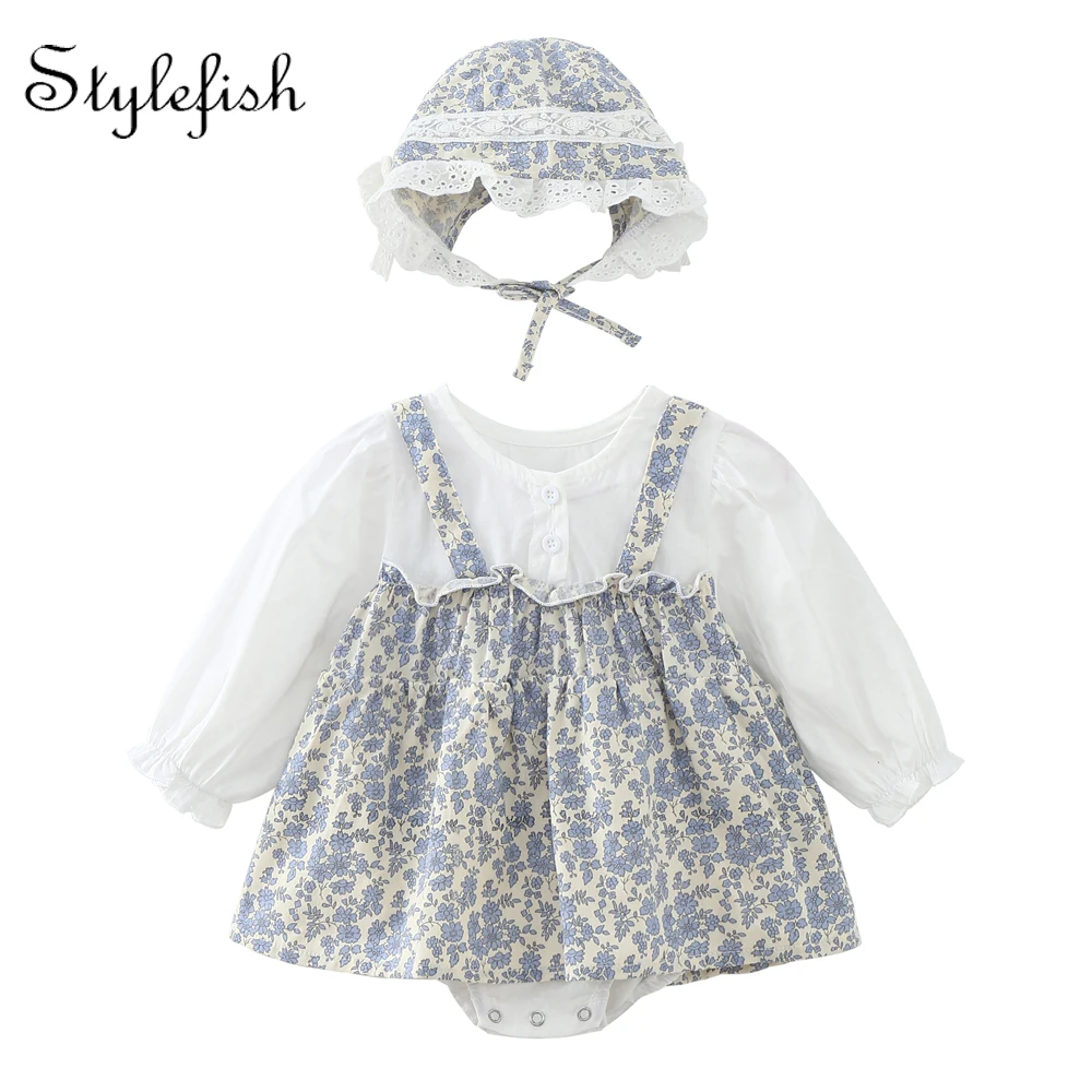 

Spring and Autumn Baby Romper Skirt Broken Flower Princess Bodysuit Girl Baby Dress Gift Hat High Quality Cotton Baby Clothing