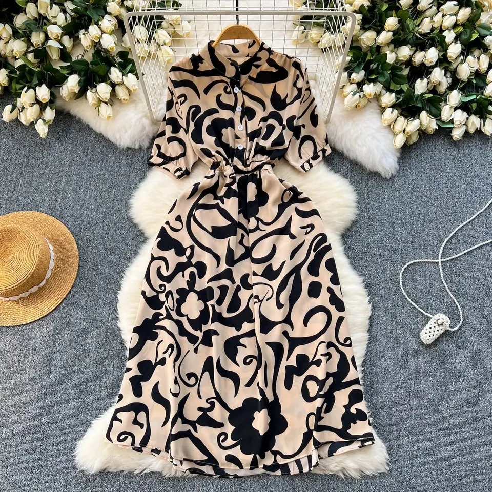 

2025 Summer New Fashion Women's Elegant Casual Trendy Short Sleeve Single-breasted Printed Webbings Dresses for Holiday Female