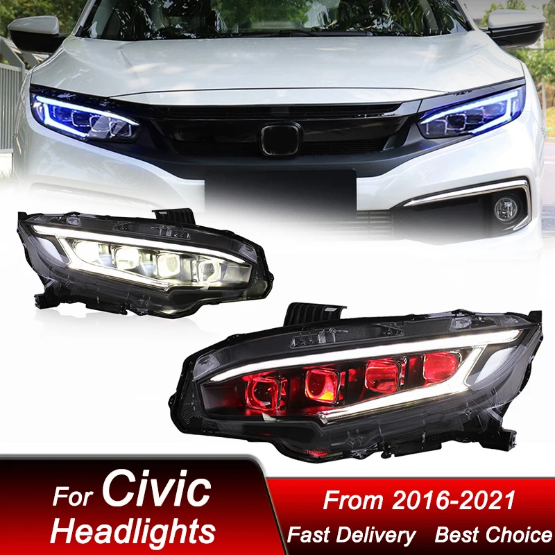 Pop Car Headlights For Honda Civic 10Gen 2016-2021 Demon Eye Tyle Full LED Headlamp Assembly Upgrade Projector Lens Accessories