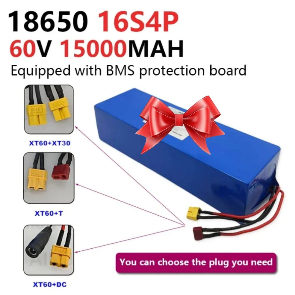 

60V 15000mAh 18650 Lithium Battery with BMS for Motorcycle Scooter Bicycle 2000W Motor 16S4P Battery Pack for Electric Vehicles
