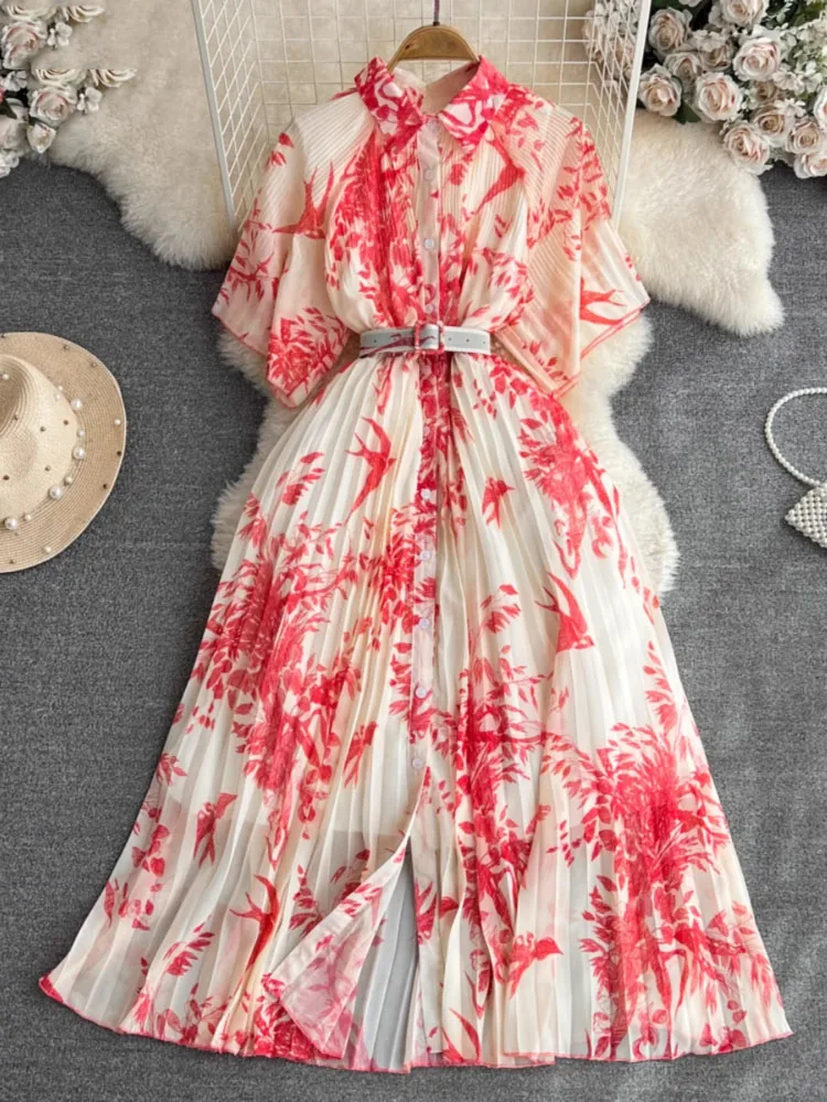 Nieuwe Temperament Afdrukken Gewaad Femme Single Breasted Vintage A-lijn Jurken 2025, Vestidos De Mujer Slanke Taille Riem Geplooide Jurk