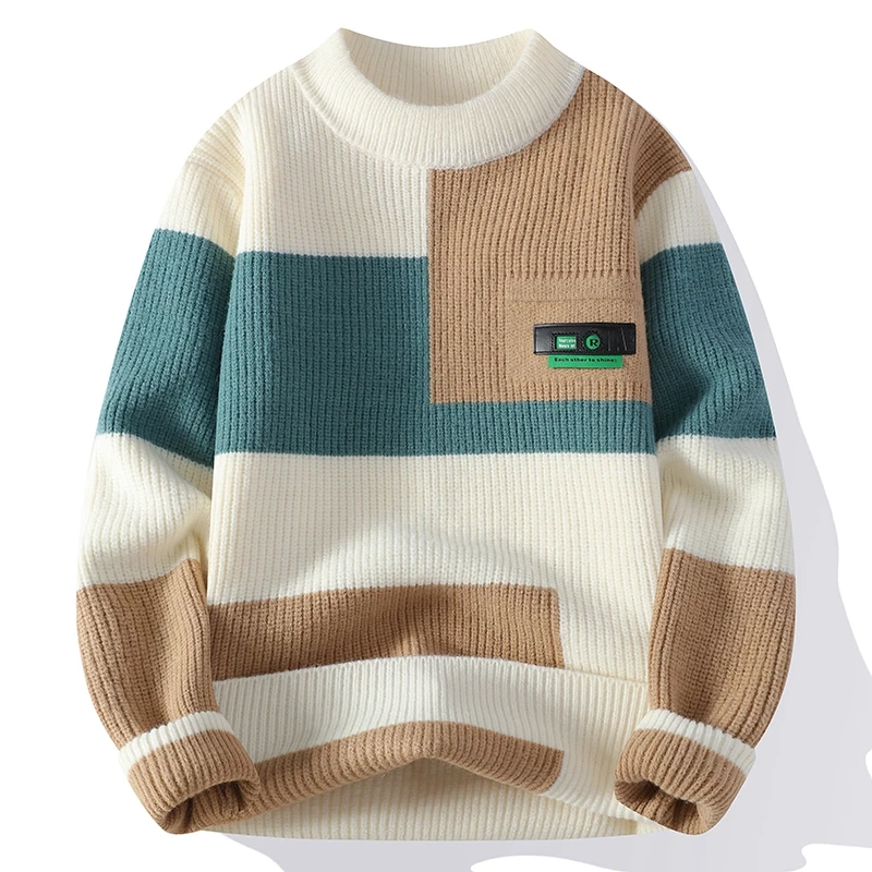 Men's Fashion stripe pattern Sweaters 2024 Autumn/Winter Loose Knittwear Men sweater youth Thick Warm wool pullovers M-4XL ﻿